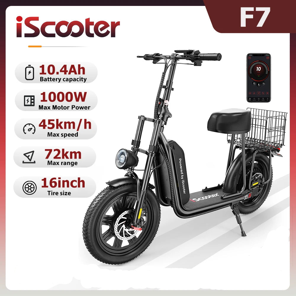 Trottinette Électrique iScooter F7 : 1000W, 45 km/h, 72 km Autonomie, Pneus 16" Tout-Terrain