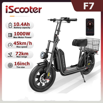 Trottinette Électrique iScooter F7 : 1000W, 45 km/h, 72 km Autonomie, Pneus 16" Tout-Terrain