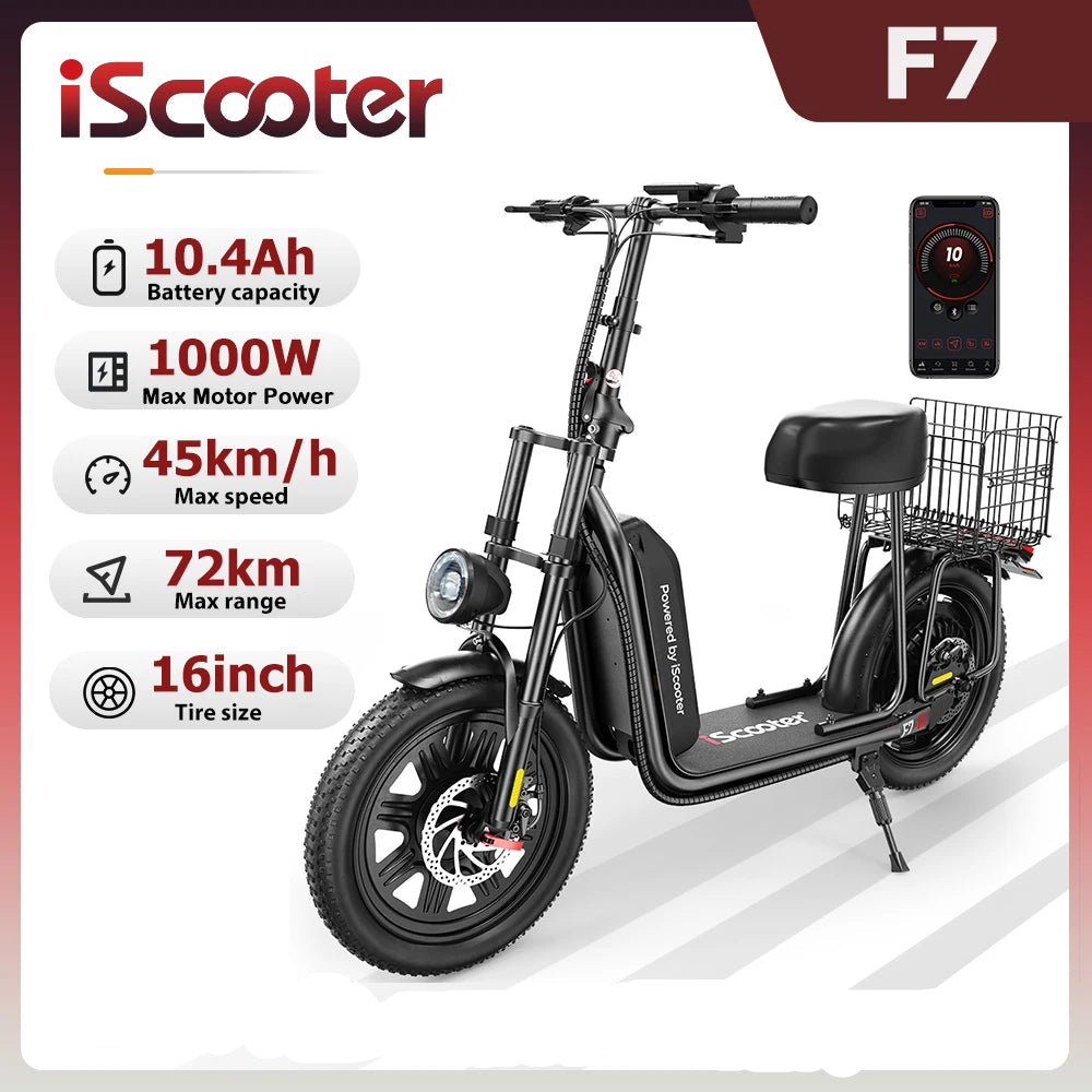 Trottinette Électrique iScooter F7 : 1000W, 45 km/h, 72 km Autonomie, Pneus 16" Tout-Terrain