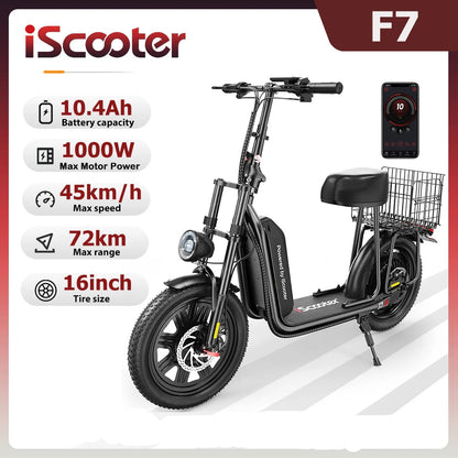 Trottinette Électrique iScooter F7 : 1000W, 45 km/h, 72 km Autonomie, Pneus 16" Tout-Terrain