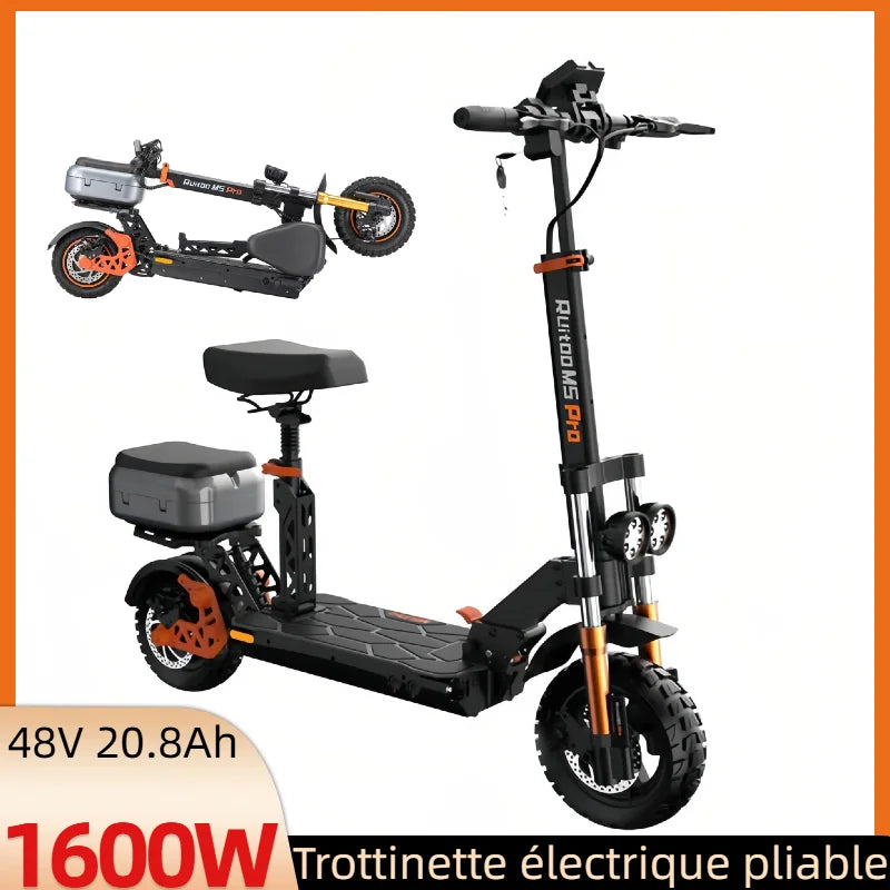 Trottinette Électrique Puissante 1200W : Grande Autonomie 80km, Freins Hydrauliques, Siège & Coffre Inclus