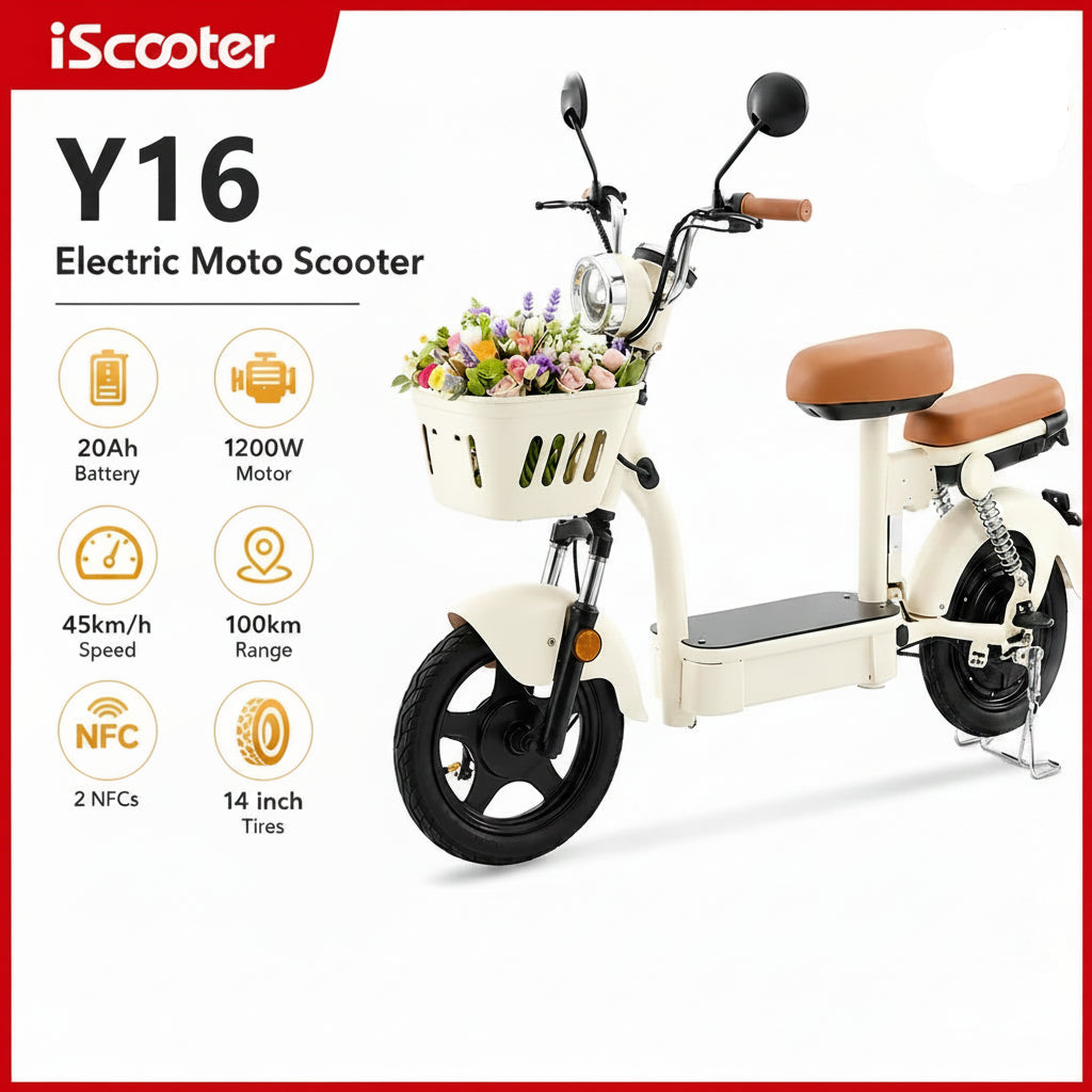 Trottinette Électrique iScooter Y16 City Grocery - 14 pouces, 1200W, Grande Autonomie 90-100 km