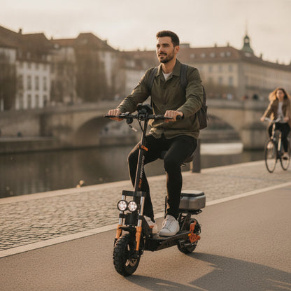 Trottinette Électrique Puissante 1200W : Grande Autonomie 80km, Freins Hydrauliques, Siège & Coffre Inclus