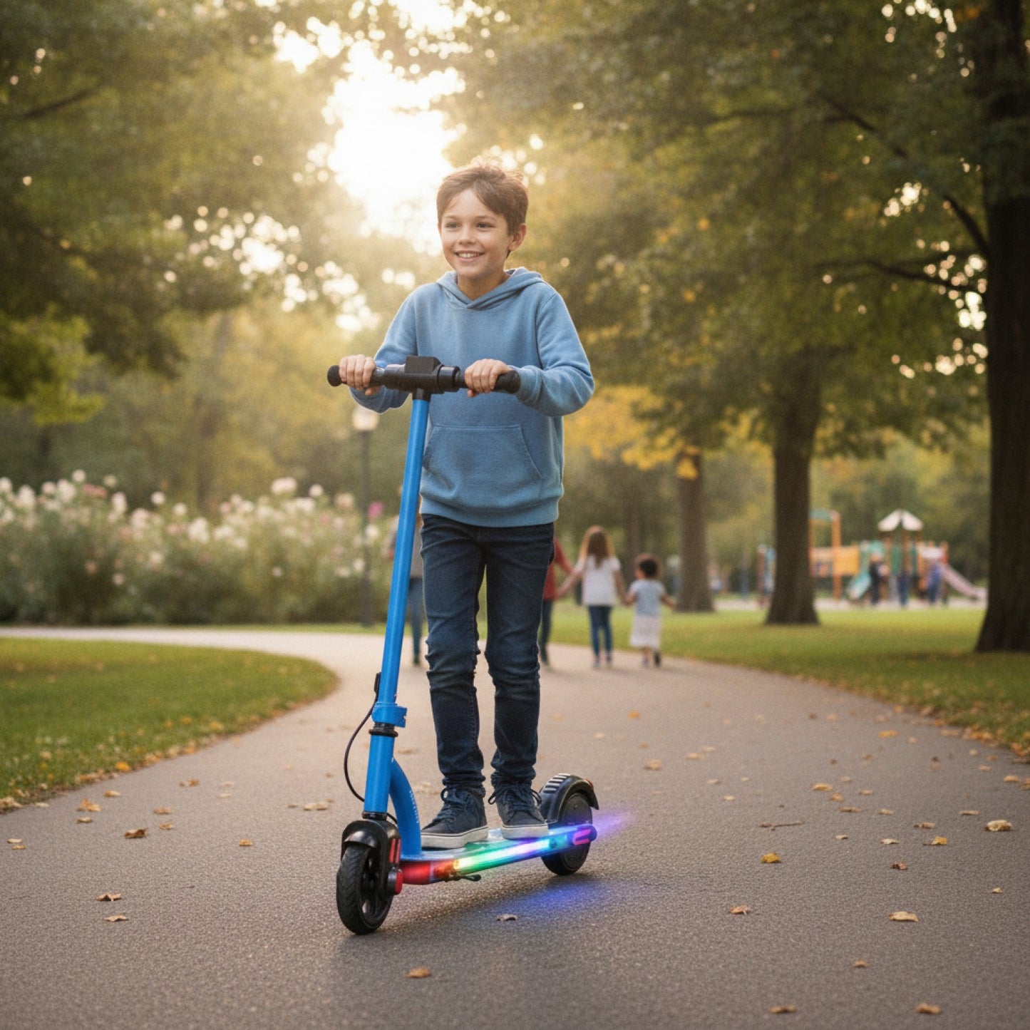 Trottinette Électrique Enfant 6.5" Bleue - Pliable, Bluetooth & Lumières LED