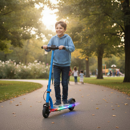 Trottinette Électrique Enfant 6.5" Bleue - Pliable, Bluetooth & Lumières LED