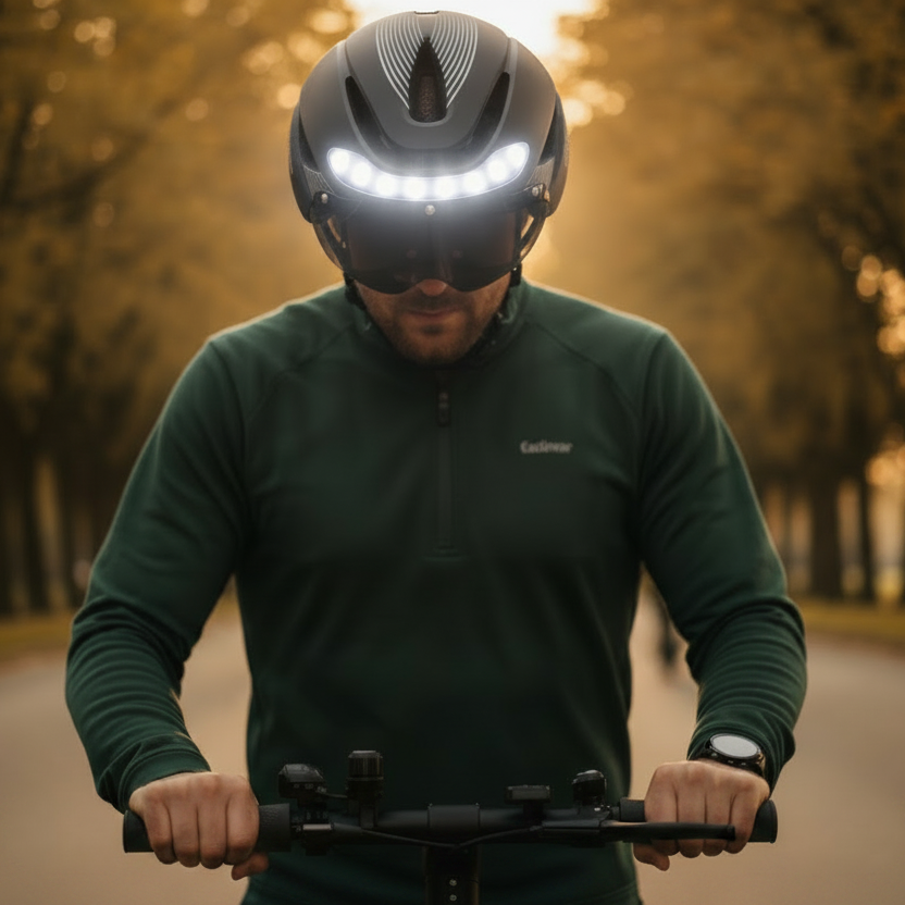 Homme sur trottinette électrique au coucher de soleil avec casque Eastinear LED