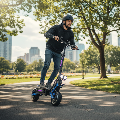 Homme sur trottinette Halo Knight dans un parc urbain